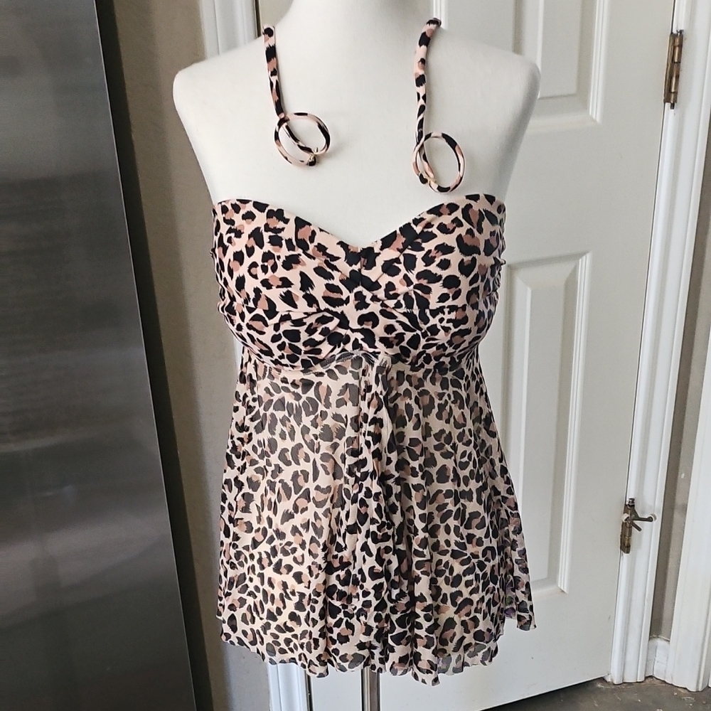 New Kona Sol Top Strapless Tankini Swim Suit mesh flyaway animal print halter M
